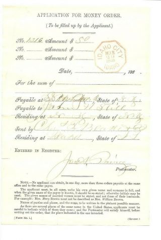 1869 Application For Money Order,  Marked Idaho City,  Idaho,  March 29,  1869