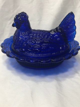 Blue Hen On A Nest Covered Glass Candy Dish Bowl