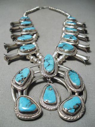Blue Diamond Turquoise Vintage Navajo Sterling Silver Squash Blossom Necklace