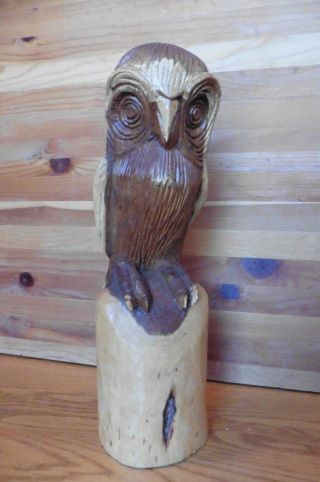 Wooden Owl Vintage Hand Made Carved Wood Statue 14 " Bird Nassau Bahama 1987