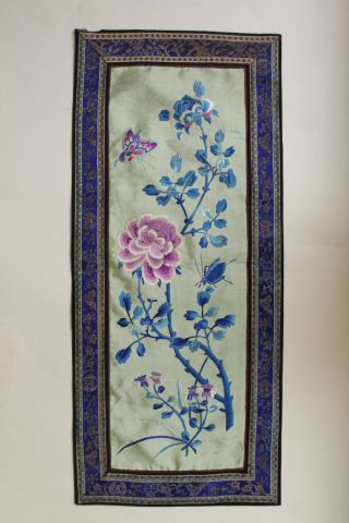 Antique Chinese Qing Dynasty 19th C Silk Embroidered Panel Butterfly Flowers Bug