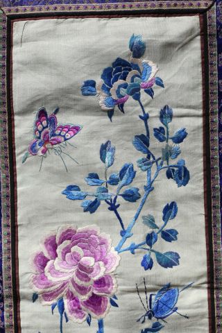 Antique Chinese Qing Dynasty 19th C Silk Embroidered Panel Butterfly Flowers Bug 2