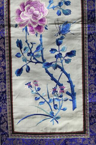 Antique Chinese Qing Dynasty 19th C Silk Embroidered Panel Butterfly Flowers Bug 3