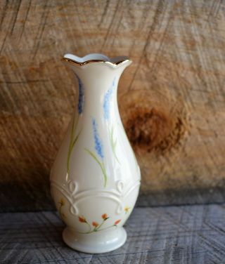 Small 5 " Vtg Lenox Bud Vase Cream With Gold Rim & Flowers
