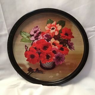 Vintage Round Metal Serving Tray Floral Mid Century 11”
