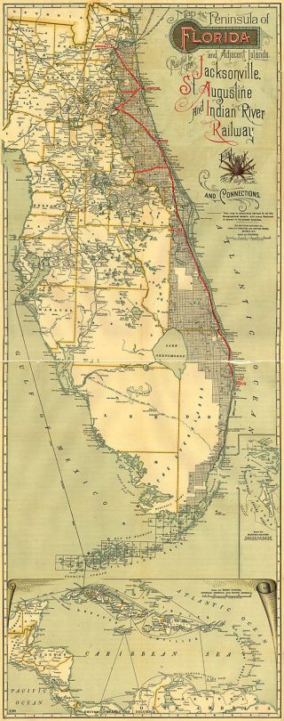 1893 Map Peninsula Of Florida And Adjacent Islands Railroads Wall Poster Print