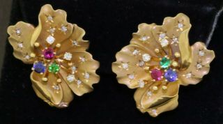 Vintage Heavy 18k Gold 1.  20ctw Diamond & Gemstone Flower Earrings