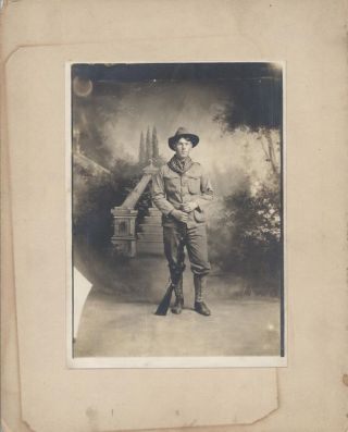 Vintage Military Photograph Of Young Man Backdrop W/ Winchester Rifle