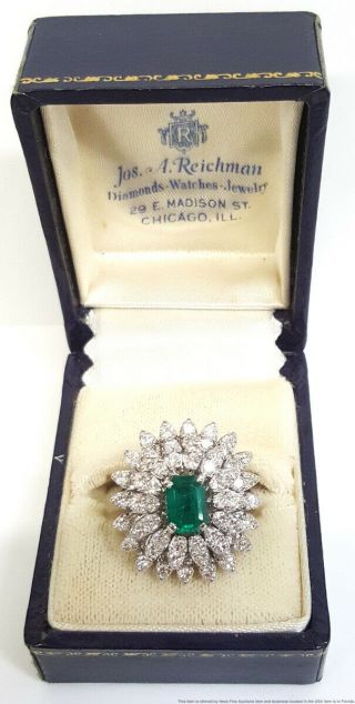 1ct Natural Emerald 2,  Ctw Diamond 14k White Gold Ladies Vintage Cocktail Ring