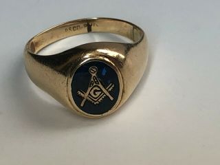 Masonic Mason 10k Gold Ring Small Size 7.  5 Freemason Logo Blue Tint Vintage