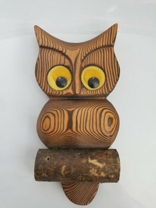 Vintage Carved Wood Owl Wall Hanging Decor Felt Eyes Mcm Retro Kitsch Halloween