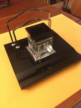 Art Deco Inkwell And Desk Stand,  Black Glass