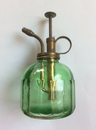 Vintage Green Glass Plant Mister W/ Patina Brass Top