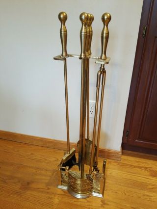 5 Pc Vintage Brass Fireplace Tools Fireplace Heavy Ornate Stand - 4 Tools