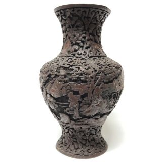 19th Century Deeply Carved Antique Chinese Cinnabar Scholar Landscape Vase