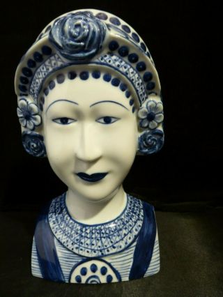 Vintage Blue & White Porcelain Chinese/oriental Lady Head Bust Wall Pocket Vase