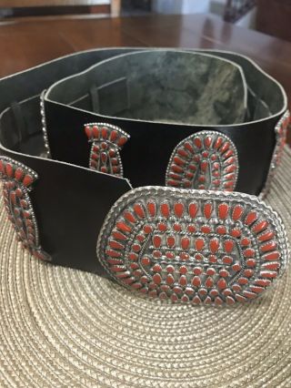 Vintage 1970’s Navajo Sterling Silver Concho Belt And Red Coral