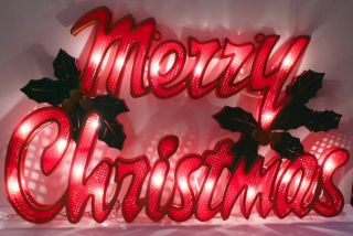 Vintage Merry Christmas Sign Lighted Wall Window Marquee Decor Plastic Holly
