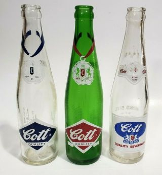 (3) Vintage 1958 Cott 12 Oz 2 - Sided Acl Bottles Troy Ny King Size Ct Green