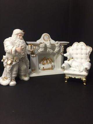 Traditions White Porcelain With Gold Accents Centerpiece Set Santa Fireplace Dog