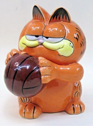 Garfield Cat With Basketball Ceramic Figural Bank By Enesco W/coin Trap