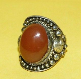 Vtg Antique Chinese Sterling Silver Carnelian Ornate Design Ring Size 6 13.  5g