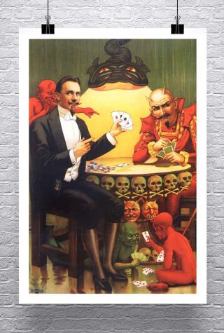 Magician And Devil Playing Poker Vintage Magic Poster Canvas Giclee 24x34 In.