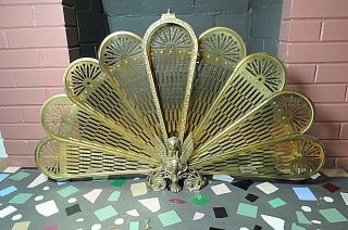 Vintage Brass Folding Peacock Fireplace Screen With Gargoyles