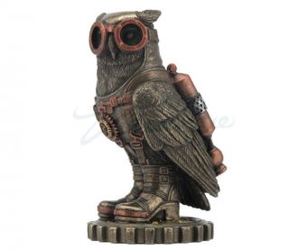 Steampunk Owl With Jetpack And Goggles Statue Sculpture On Gears Figurine