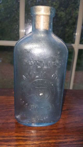 Antq.  1906 Aqua Blue Phillips’ Milk Of Magnesia Bottle Light Blue Medicine Dated