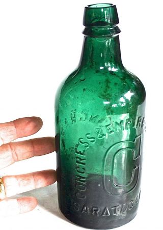 Green Saratoga Ny Congress & Empire Spring Mineral Water Bottle C.  1870