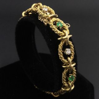 Vintage 18k Yellow Gold Textured Link Bracelet W/diamonds & Emeralds