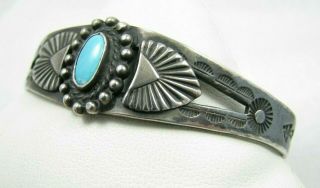 Vintage Navajo Fred Harvey Era Turquoise Snake Stamped Sterling Cuff Bracelet