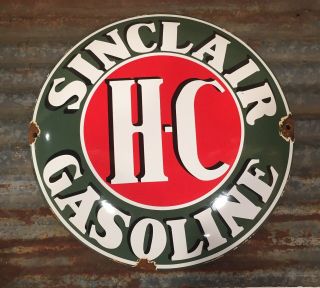 Sinclair H - C Gasoline Porcelain Sign Gas Pump Plate Opaline Dino Oil