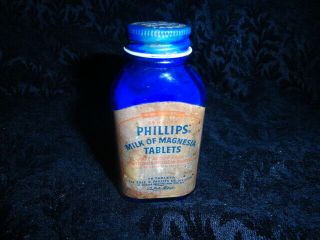 Vintage Phillips Milk Of Magnesia 75 Tablets Blue Cobalt Bottle Advertising
