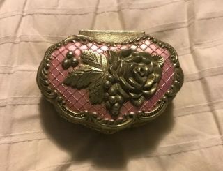 Metal Trinket Box With Enameled Lid Flowers Grapes And Heart Accents
