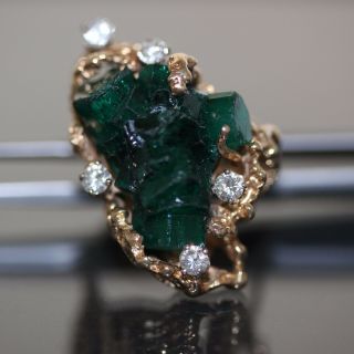 Vintage 14k Gold Rough Uncut Emerald & Vs Diamond Cocktail Cluster Ring 28.  20ctw