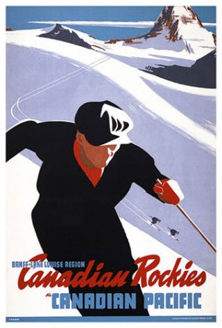 Banff - Lake Louise Canadian Rockies Vintage 1940s Skiing Travel Poster Reprint