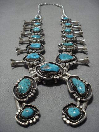 Important Turquoise Vintage Navajo Sterling Silver Squash Blossom Necklace