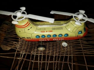 Vintage Mechanical Wind Up Tin Litho Helicopter Sky Bus Missing A Wheel