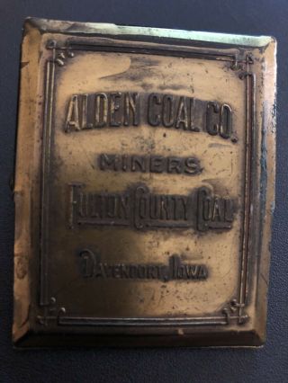 Antique Brass Advertising Paper Clip Alden Coal Co.  Miners Fulton Cty,  Davenport