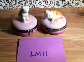 Vintage Limoges Castel Hand Painted Trinket Boxes With Tabby Cats On Pink Pillow