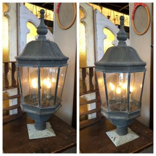 Pair Vintage Outdoor Copper Large Scale Pillar Lantern Light Pillsbury Estate