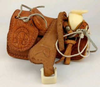 4 " Vintage Leather Horse Saddle Tourist Toy Realistic Miniature Tooled Western