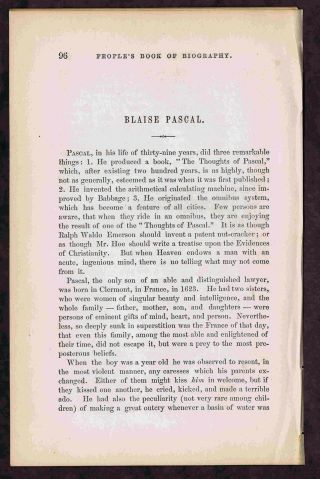 Blaise Pascal - French Mathematician & Physicist - 1869 Biographical Article