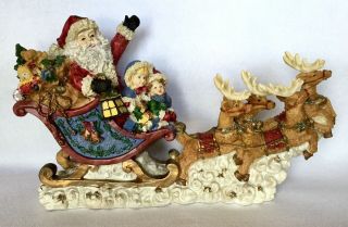 Santa Claus & Sleigh W/kids Reindeer Resin Large Figure Christmas Decoration Euc