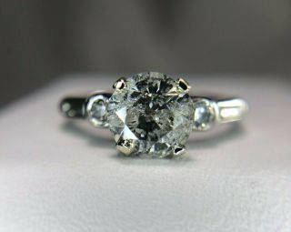 Vintage 14k White Gold Big Rustic Round Diamond Baguette Engagement Ring 1.  50 Ct