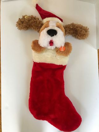 Vintage Animated Musical Plush Dog Christmas Stocking With Bells 21”