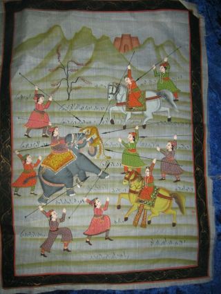 A 19th Century Indian Painting On Silk Tiger Hunting On Elephants Colours