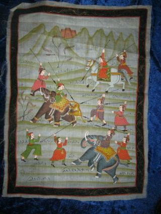 19th Century Painting On Silk Tiger Hunting On Elephants India Colours